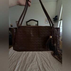 Woven Brown Zip Tote Shoulder Bag w/ Tassel & Removable Strap – New Without Tags